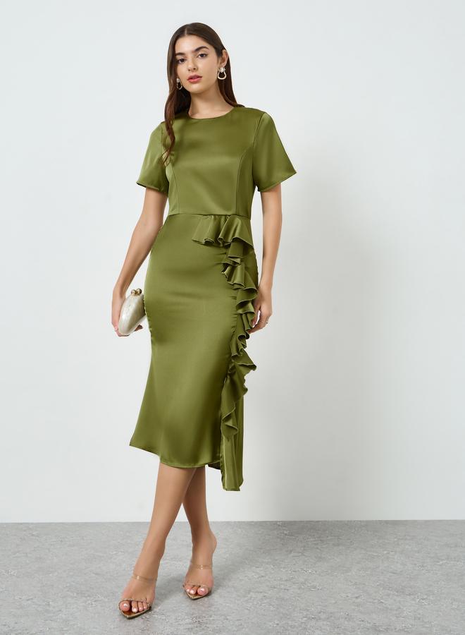 Styli Women Green Ruffle Detail Sheath Midi Dress - Image 5